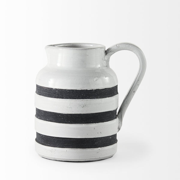 Mercana Harmon Rustic-Modern Ceramic Jug with Charcoal Stripes - Ideal Home Accent for Stylish Decor White/Blue Ceramic | 7H 31066