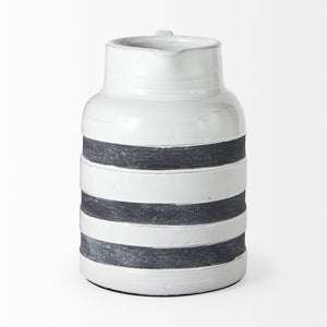 Mercana Harmon Rustic-Modern Ceramic Jug with Charcoal Stripes - Ideal Home Accent for Stylish Decor White/Blue Ceramic | 9H 31067