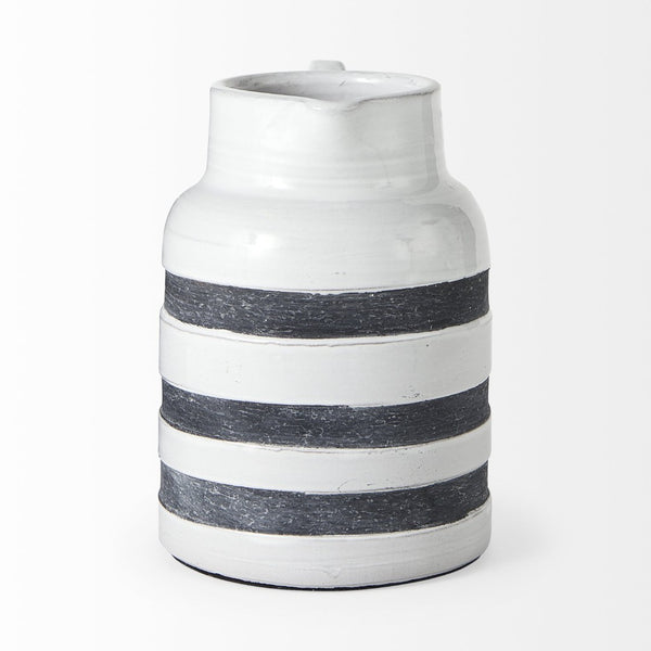 Mercana Harmon Rustic-Modern Ceramic Jug with Charcoal Stripes - Ideal Home Accent for Stylish Decor White/Blue Ceramic | 9H 31067