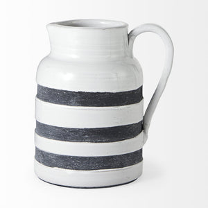 Mercana Harmon Rustic-Modern Ceramic Jug with Charcoal Stripes - Ideal Home Accent for Stylish Decor White/Blue Ceramic | 9H 31067