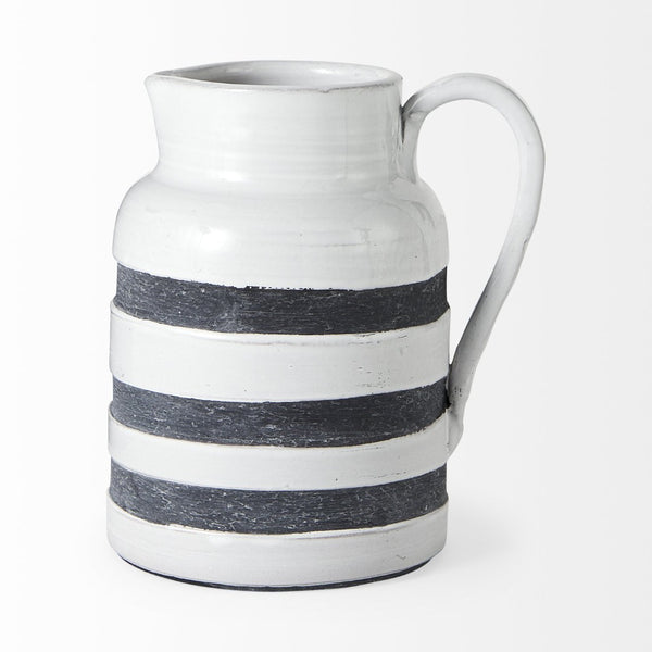 Mercana Harmon Rustic-Modern Ceramic Jug with Charcoal Stripes - Ideal Home Accent for Stylish Decor White/Blue Ceramic | 9H 31067