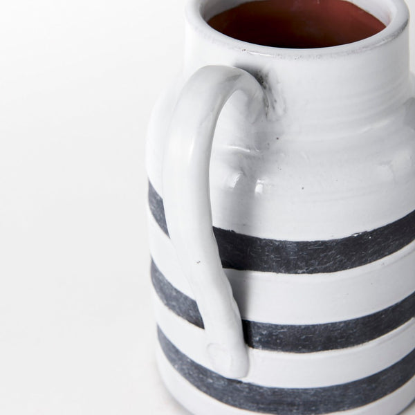 Mercana Harmon Rustic-Modern Ceramic Jug with Charcoal Stripes - Ideal Home Accent for Stylish Decor White/Blue Ceramic | 9H 31067