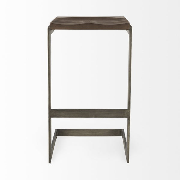Mercana Kiran C-Shape Stool: Stylish Mango Wood Seat with Matte Iron Base for Modern Home and Bar Spaces Brown Wood | Antique Nickel | Bar 69173