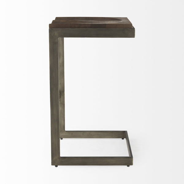 Mercana Kiran C-Shape Stool: Stylish Mango Wood Seat with Matte Iron Base for Modern Home and Bar Spaces Brown Wood | Antique Nickel | Bar 69173