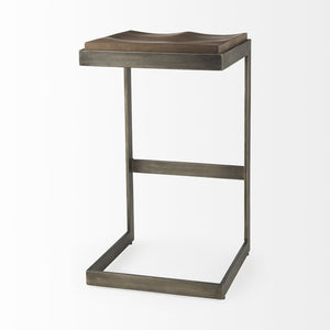 Mercana Kiran C-Shape Stool: Stylish Mango Wood Seat with Matte Iron Base for Modern Home and Bar Spaces Brown Wood | Antique Nickel | Bar 69173