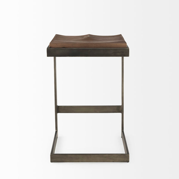 Mercana Kiran Minimalist Mango Wood Stool with Sleek Iron Base for Modern, Farmhouse, or Urban Interiors Brown Wood | Antique Nickel | Counter 69174
