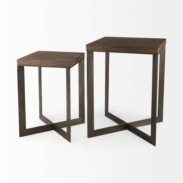 Mercana Faye Versatile Nesting Accent Tables for Modern Living Spaces - Durable Wood and Metal Design Medium Brown Wood | Gray Metal | Set of 2 69178