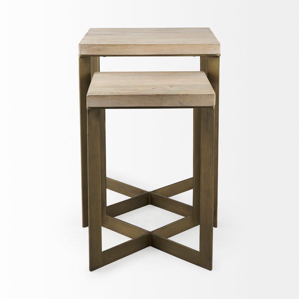 Mercana Faye Versatile Nesting Accent Tables for Modern Living Spaces - Durable Wood and Metal Design Beige Wood | Gold Metal | Set of 2 69179