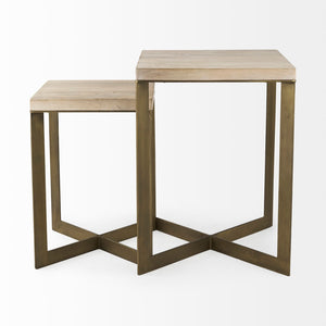 Mercana Faye Versatile Nesting Accent Tables for Modern Living Spaces - Durable Wood and Metal Design Beige Wood | Gold Metal | Set of 2 69179