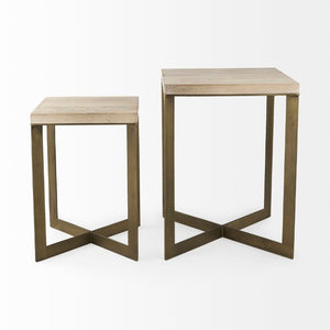 Mercana Faye Versatile Nesting Accent Tables for Modern Living Spaces - Durable Wood and Metal Design Beige Wood | Gold Metal | Set of 2 69179