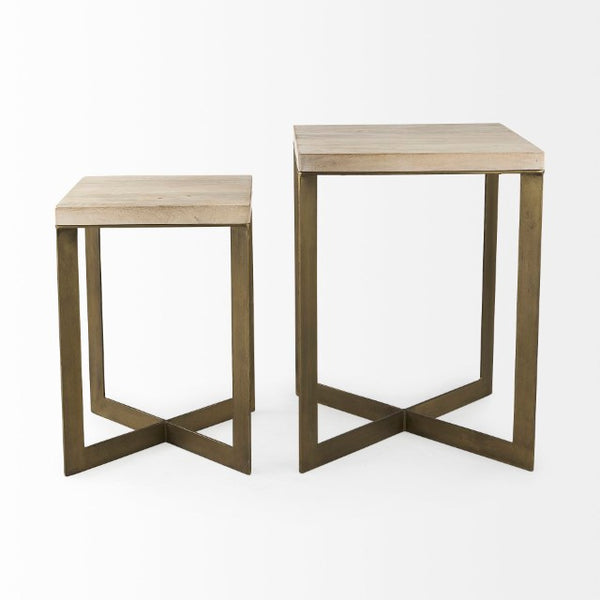 Mercana Faye Versatile Nesting Accent Tables for Modern Living Spaces - Durable Wood and Metal Design Beige Wood | Gold Metal | Set of 2 69179