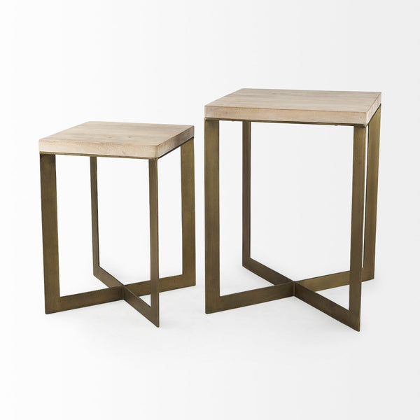 Mercana Faye Versatile Nesting Accent Tables for Modern Living Spaces - Durable Wood and Metal Design Beige Wood | Gold Metal | Set of 2 69179