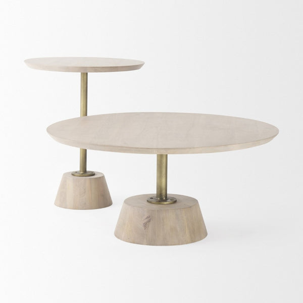 Mercana Maxwell 20" Round Wood Pedestal Side Table – Elegant Accent for Modern Living Spaces and Corners Light Brown Wood | Gold Metal 69205