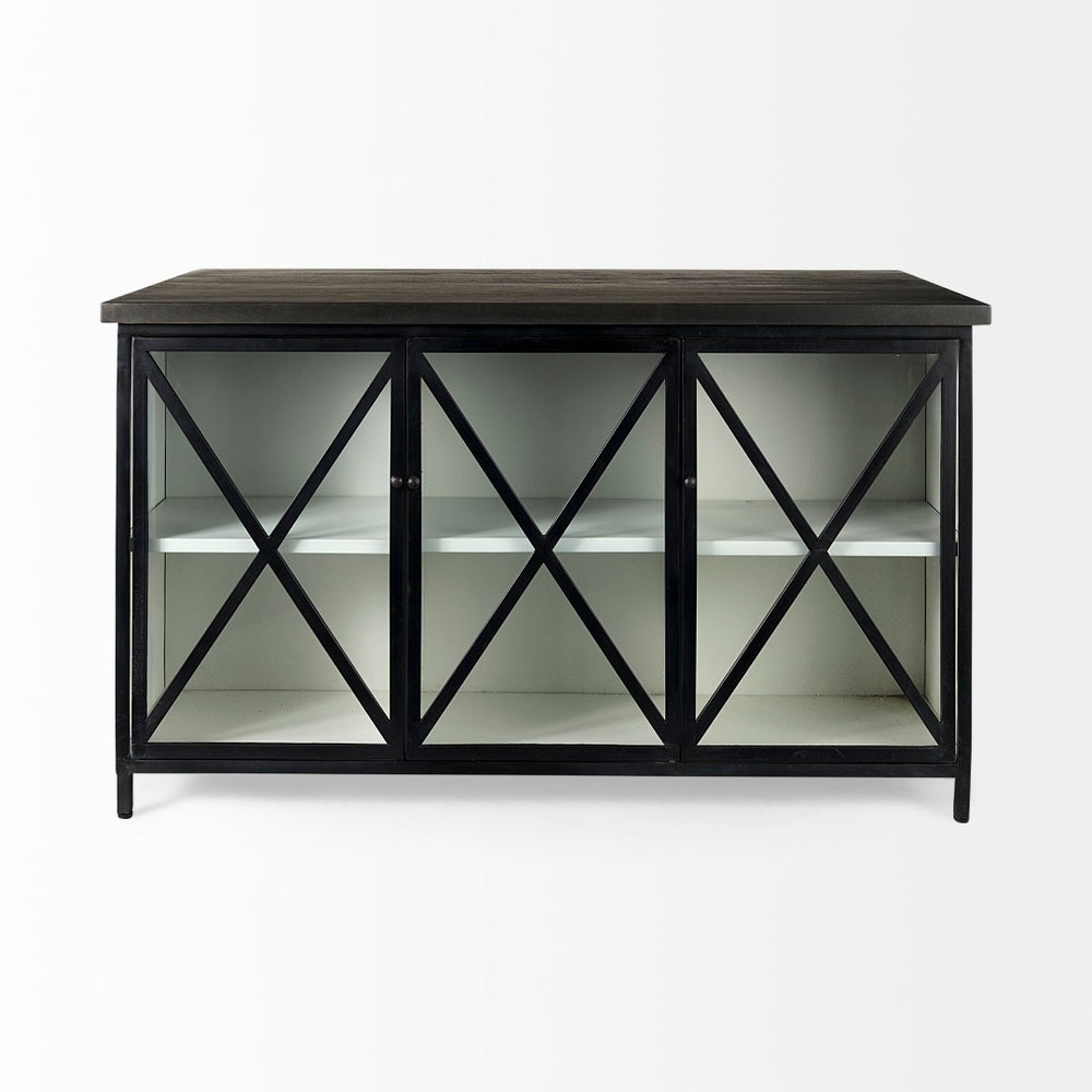 Mercana Dimitra Industrial Kitchen Island with Glass Doors and Solid Wood Top for Stylish Storage Solutions 69211