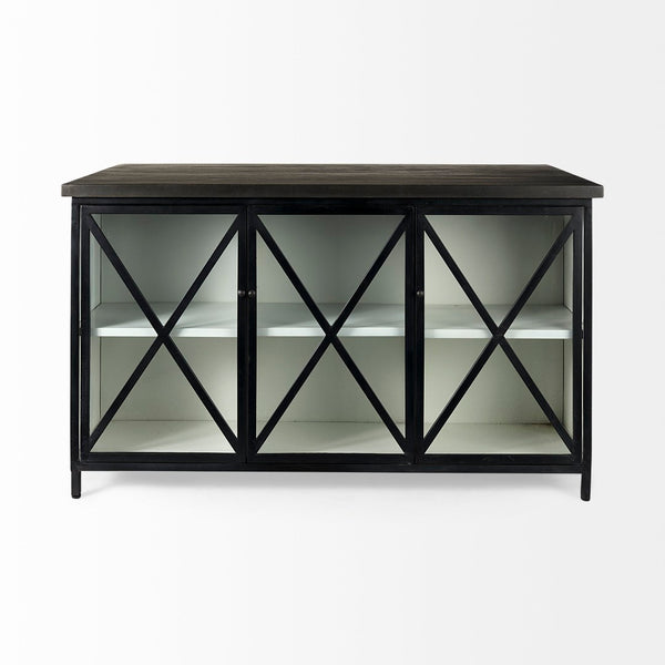Mercana Dimitra Industrial Kitchen Island with Glass Doors and Solid Wood Top for Stylish Storage Solutions 69211