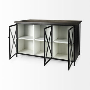Mercana Dimitra Industrial Kitchen Island with Glass Doors and Solid Wood Top for Stylish Storage Solutions 69211