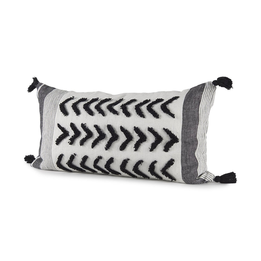 Mercana Kimia Chic Herringbone Decorative Pillow Cover with Fringed Edges for Modern Boho Home Decor White/Black Fabric | 14x26 69438
