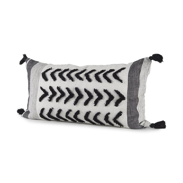 Mercana Kimia Chic Herringbone Decorative Pillow Cover with Fringed Edges for Modern Boho Home Decor White/Black Fabric | 14x26 69438