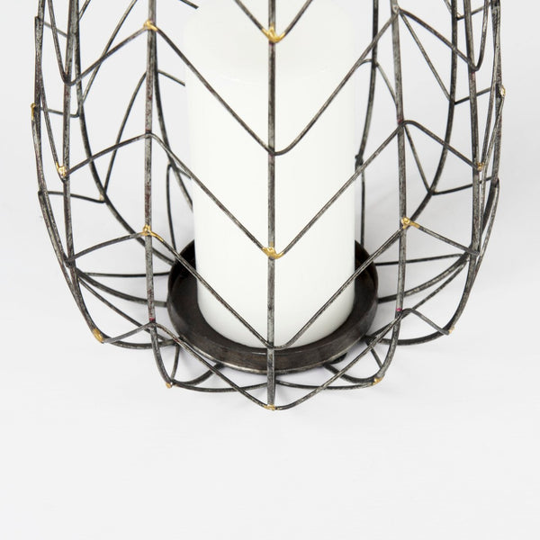 Mercana Petiole Elegant Antiqued-Gold Metal Candle Holder with Chevron Mesh for Luxe Tabletop Display Gold Metal | 16H 68027