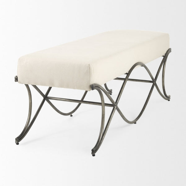 Mercana Ayla Elegant Upholstered Bench with Soft Fabric Seat and Timeless Metal Frame for Stylish Entryways Beige Twill | Antique Nickel 69369