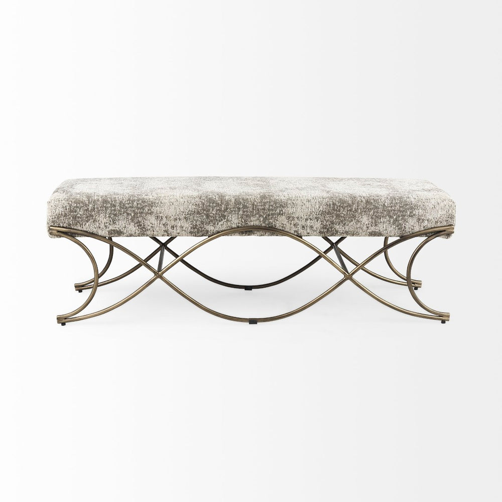 Mercana Ayla Elegant Upholstered Bench with Soft Fabric Seat and Timeless Metal Frame for Stylish Entryways Light/Dark Gray Fabric | Antique Gold 69371