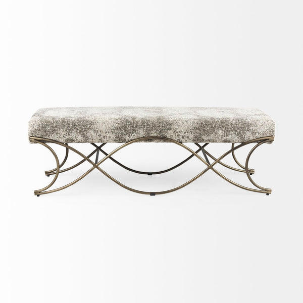 Mercana Ayla Elegant Upholstered Bench with Soft Fabric Seat and Timeless Metal Frame for Stylish Entryways Light/Dark Gray Fabric | Antique Gold 69371