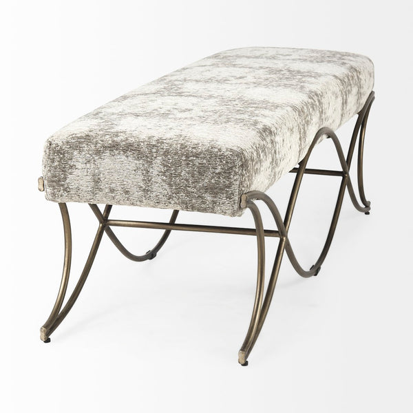 Mercana Ayla Elegant Upholstered Bench with Soft Fabric Seat and Timeless Metal Frame for Stylish Entryways Light/Dark Gray Fabric | Antique Gold 69371