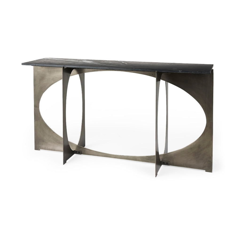 Mercana Reinhold Luxe Console Table: Stunning White Marble Top with Sculptural Gold Metal Base for Elegance Black Marble | Nickel Metal 69263-AB