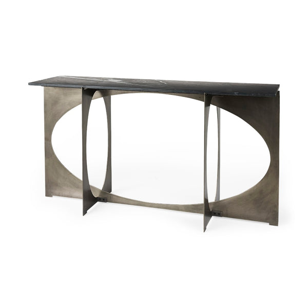 Mercana Reinhold Luxe Console Table: Stunning White Marble Top with Sculptural Gold Metal Base for Elegance Black Marble | Nickel Metal 69263-AB