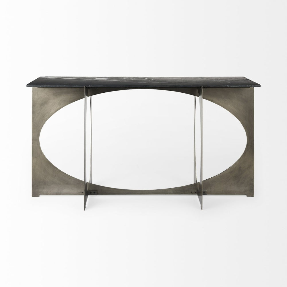 Mercana Reinhold Luxe Console Table: Stunning White Marble Top with Sculptural Gold Metal Base for Elegance Black Marble | Nickel Metal 69263-AB