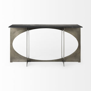 Mercana Reinhold Luxe Console Table: Stunning White Marble Top with Sculptural Gold Metal Base for Elegance Black Marble | Nickel Metal 69263-AB