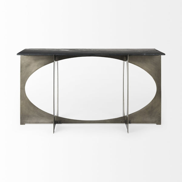 Mercana Reinhold Luxe Console Table: Stunning White Marble Top with Sculptural Gold Metal Base for Elegance Black Marble | Nickel Metal 69263-AB