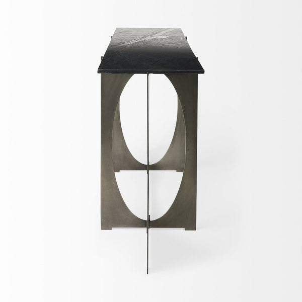 Mercana Reinhold Luxe Console Table: Stunning White Marble Top with Sculptural Gold Metal Base for Elegance Black Marble | Nickel Metal 69263-AB