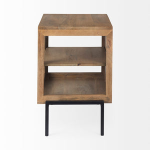 Mercana Arelius End Table: Elegant Mango Wood with Glass Shadowbox and Matte Black Frame for Modern Living Light Brown Wood | Black Metal 69206