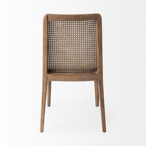 Mercana Clara Armless Dining Chair with Woven Cane Back and Cushioned Seat for Coastal and Boho Spaces Cream Fabric |Brown Wood 69349