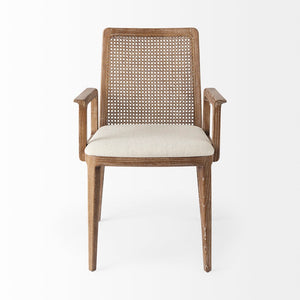 Mercana Clara Armless Dining Chair with Woven Cane Back and Cushioned Seat for Coastal and Boho Spaces Cream Fabric | Brown Wood 69351