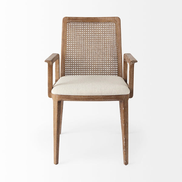 Mercana Clara Armless Dining Chair with Woven Cane Back and Cushioned Seat for Coastal and Boho Spaces Cream Fabric | Brown Wood 69351