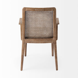 Mercana Clara Armless Dining Chair with Woven Cane Back and Cushioned Seat for Coastal and Boho Spaces Cream Fabric | Brown Wood 69351
