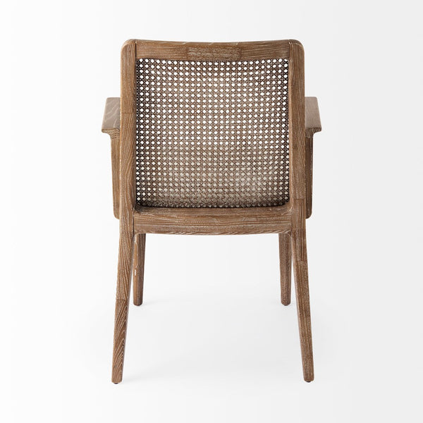 Mercana Clara Armless Dining Chair with Woven Cane Back and Cushioned Seat for Coastal and Boho Spaces Cream Fabric | Brown Wood 69351