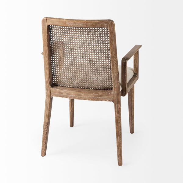 Mercana Clara Armless Dining Chair with Woven Cane Back and Cushioned Seat for Coastal and Boho Spaces Cream Fabric | Brown Wood 69351