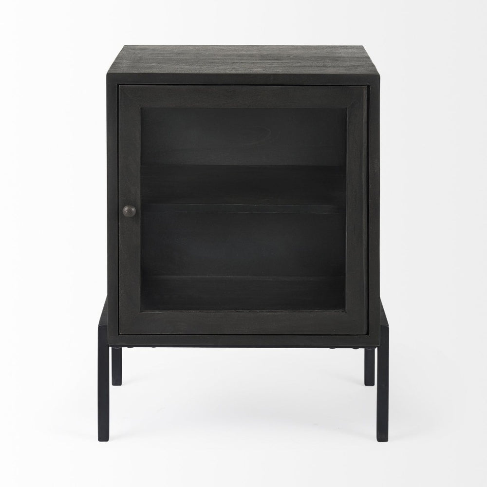 Mercana Arelius End Table: Elegant Mango Wood with Glass Shadowbox and Matte Black Frame for Modern Living Dark Black-Brown Wood | Black Metal 69207