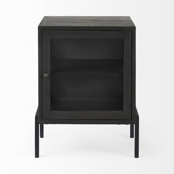 Mercana Arelius End Table: Elegant Mango Wood with Glass Shadowbox and Matte Black Frame for Modern Living Dark Black-Brown Wood | Black Metal 69207