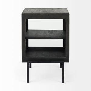 Mercana Arelius End Table: Elegant Mango Wood with Glass Shadowbox and Matte Black Frame for Modern Living Dark Black-Brown Wood | Black Metal 69207