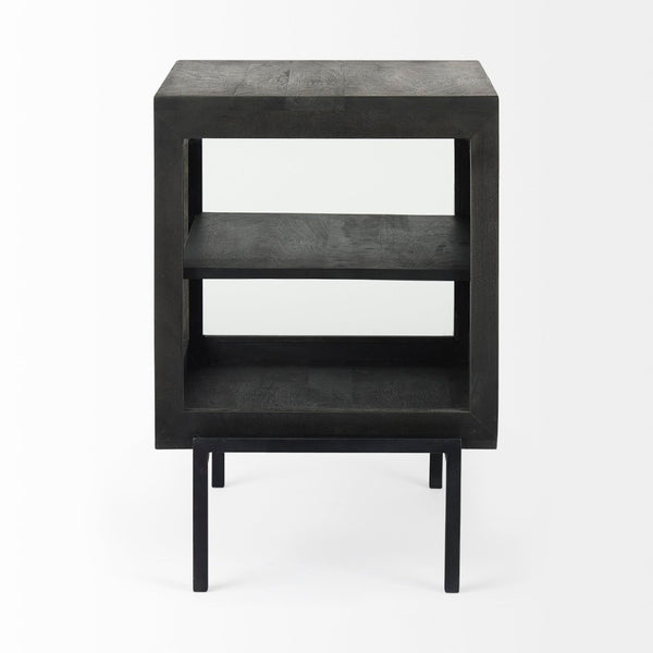 Mercana Arelius End Table: Elegant Mango Wood with Glass Shadowbox and Matte Black Frame for Modern Living Dark Black-Brown Wood | Black Metal 69207