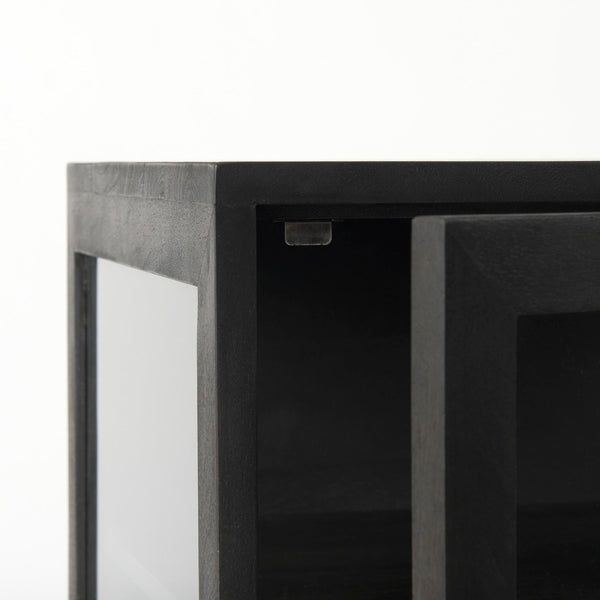 Mercana Arelius End Table: Elegant Mango Wood with Glass Shadowbox and Matte Black Frame for Modern Living Dark Black-Brown Wood | Black Metal 69207
