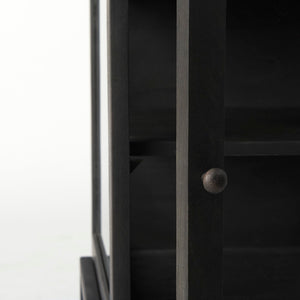 Mercana Arelius End Table: Elegant Mango Wood with Glass Shadowbox and Matte Black Frame for Modern Living Dark Black-Brown Wood | Black Metal 69207