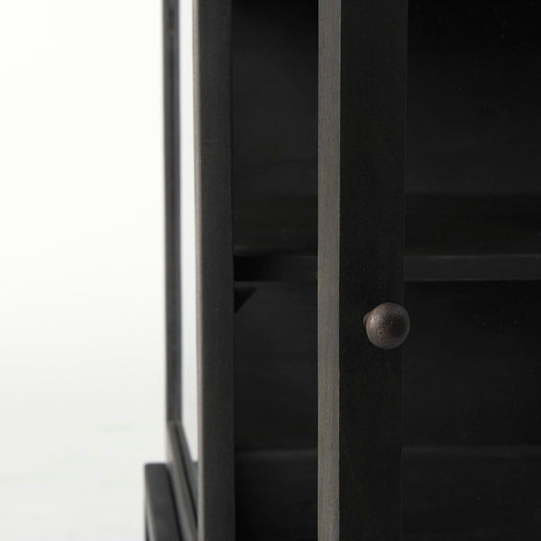 Mercana Arelius End Table: Elegant Mango Wood with Glass Shadowbox and Matte Black Frame for Modern Living Dark Black-Brown Wood | Black Metal 69207