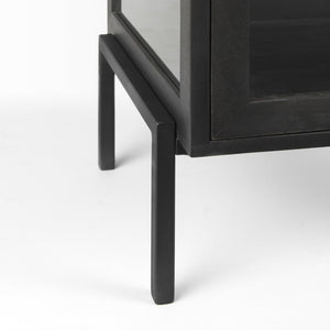 Mercana Arelius End Table: Elegant Mango Wood with Glass Shadowbox and Matte Black Frame for Modern Living Dark Black-Brown Wood | Black Metal 69207