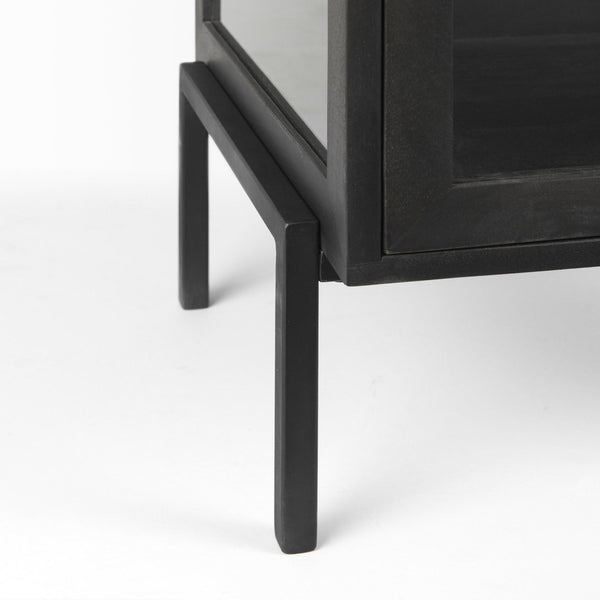 Mercana Arelius End Table: Elegant Mango Wood with Glass Shadowbox and Matte Black Frame for Modern Living Dark Black-Brown Wood | Black Metal 69207
