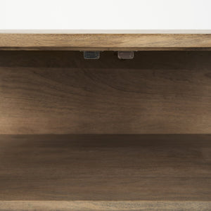 Mercana Arelius Sculptural Accent Cabinet with Glass Doors, Solid Wood & Metal Base for Modern Interiors Light Brown Wood | Black Metal 69226